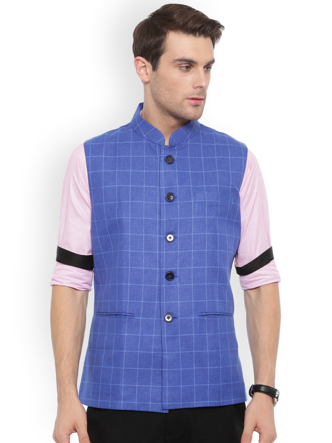 

Shaftesbury London Blue Checked Slim Fit Nehru Jacket