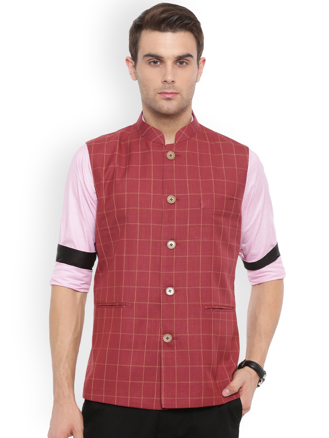 

Shaftesbury London Maroon & White Checked Slim Fit Nehru Jacket
