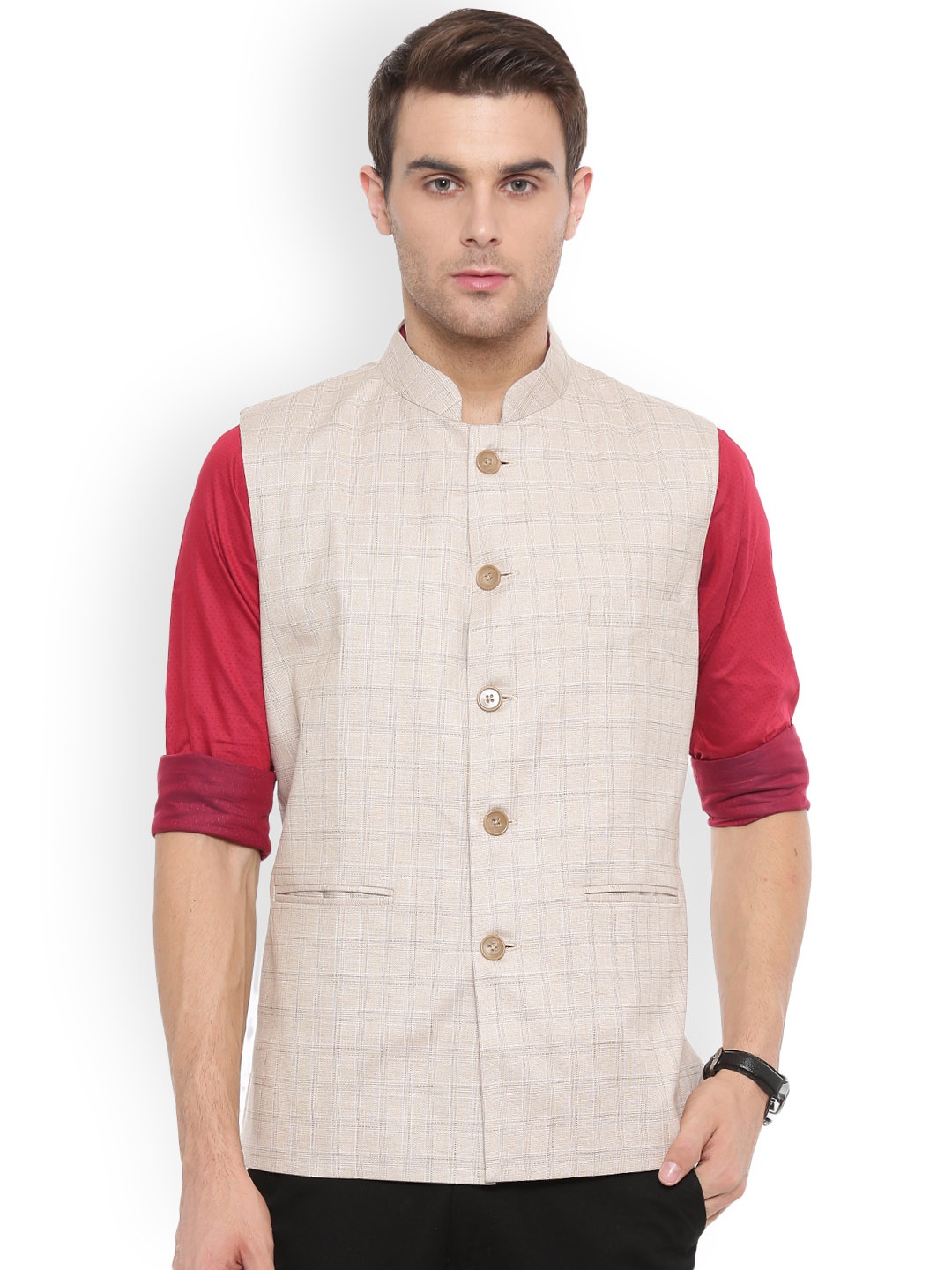 

Shaftesbury London Beige Checked Slim Fit Nehru Jacket