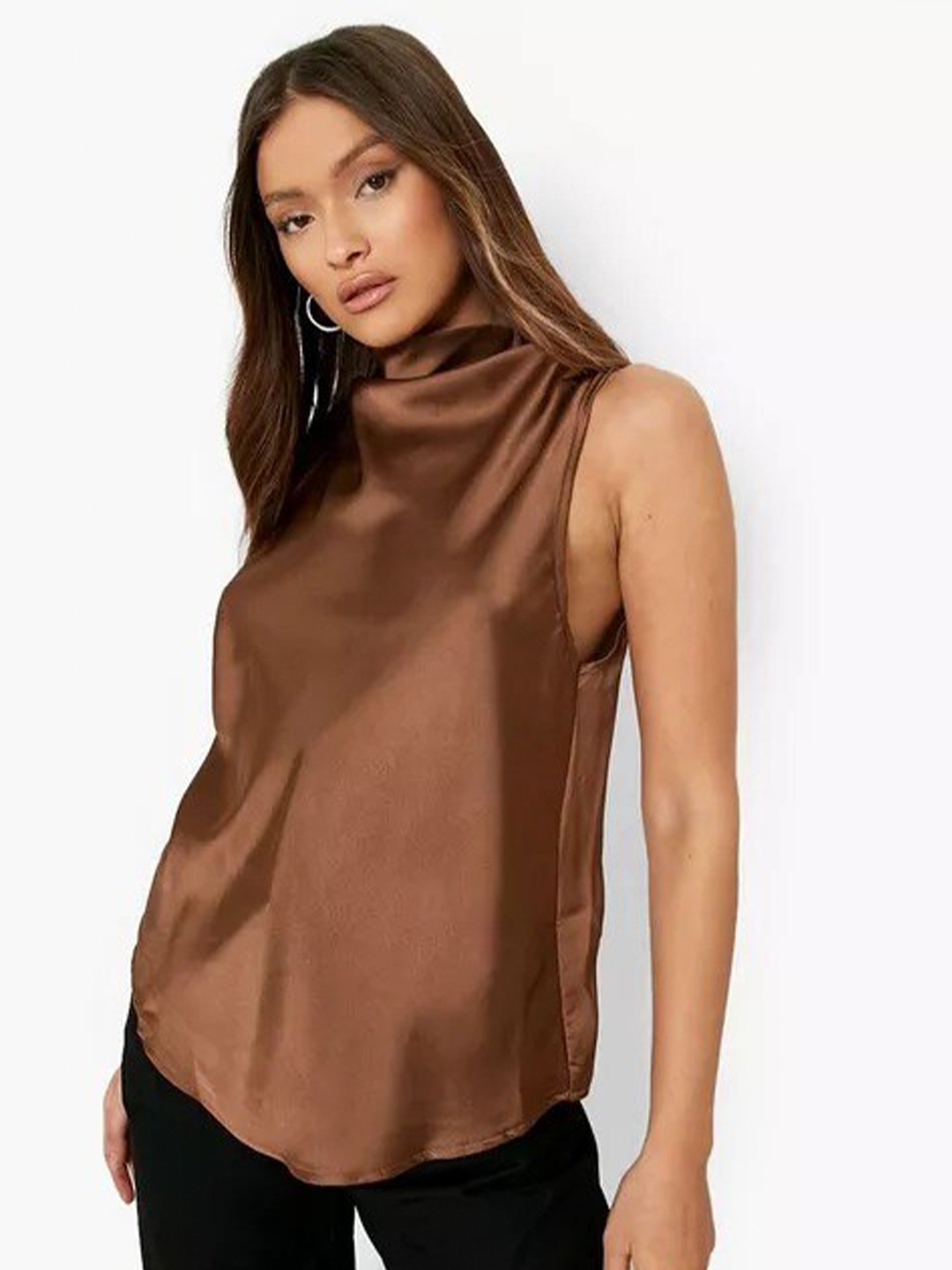 

La Aimee Cowl Neck Satin Top, Brown