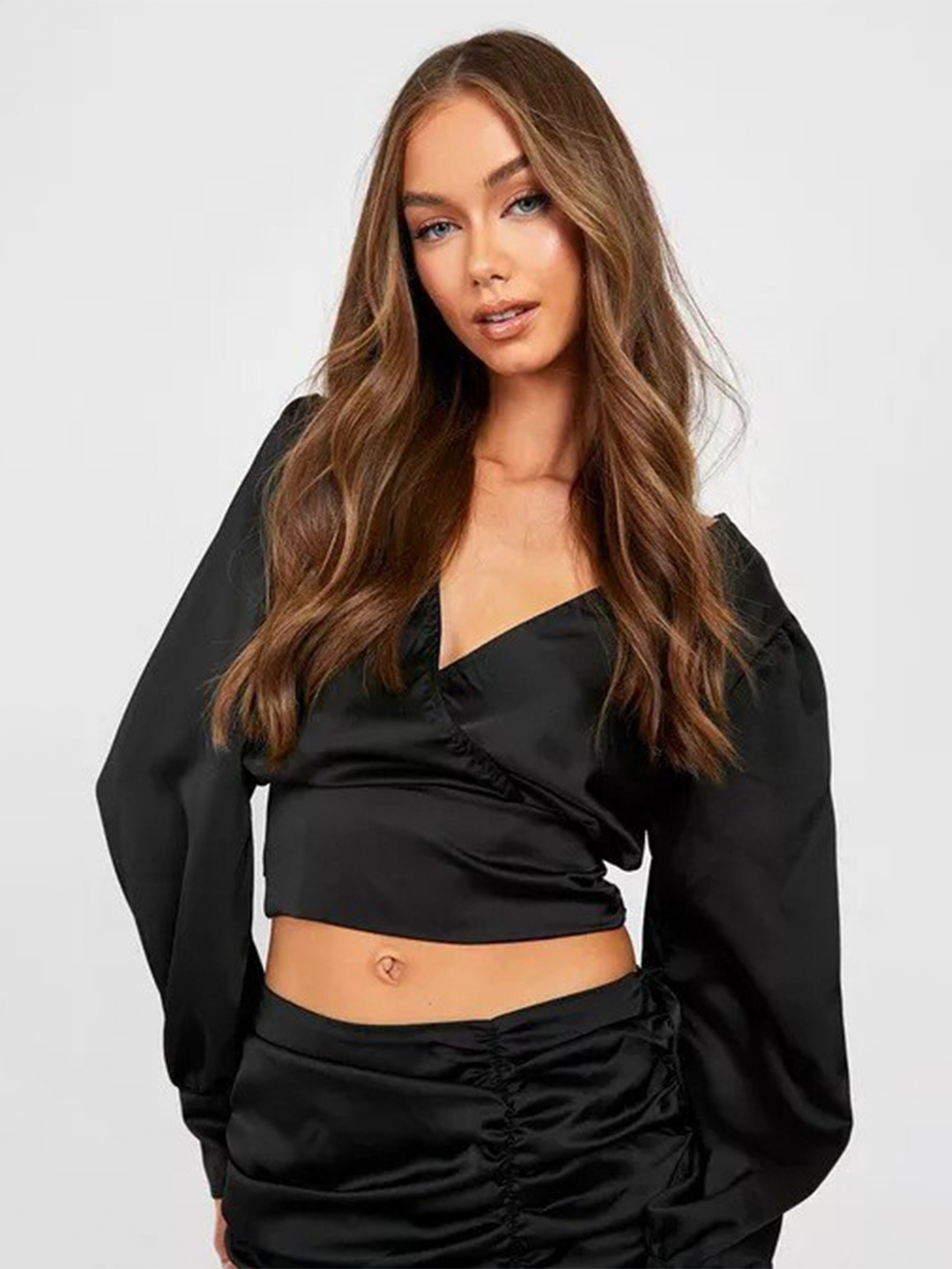 

La Aimee Satin Wrap Crop Top, Black