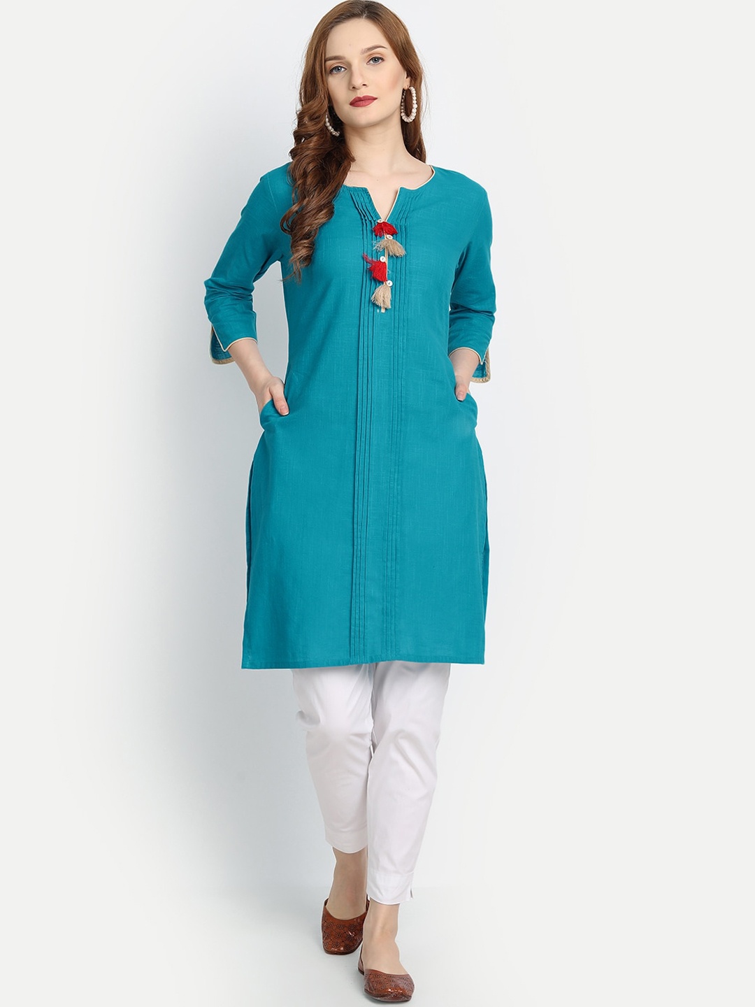 

fabGLOBAL A-Line Regular Fit Cotton Kurta, Turquoise blue