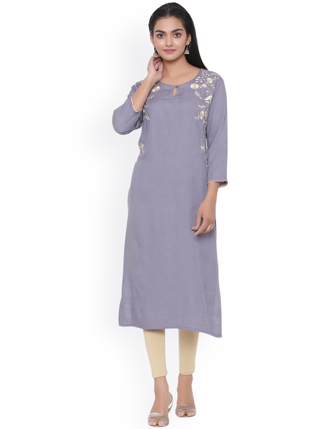 

fabGLOBAL Women Grey Floral Embroidered Thread Work Kurta