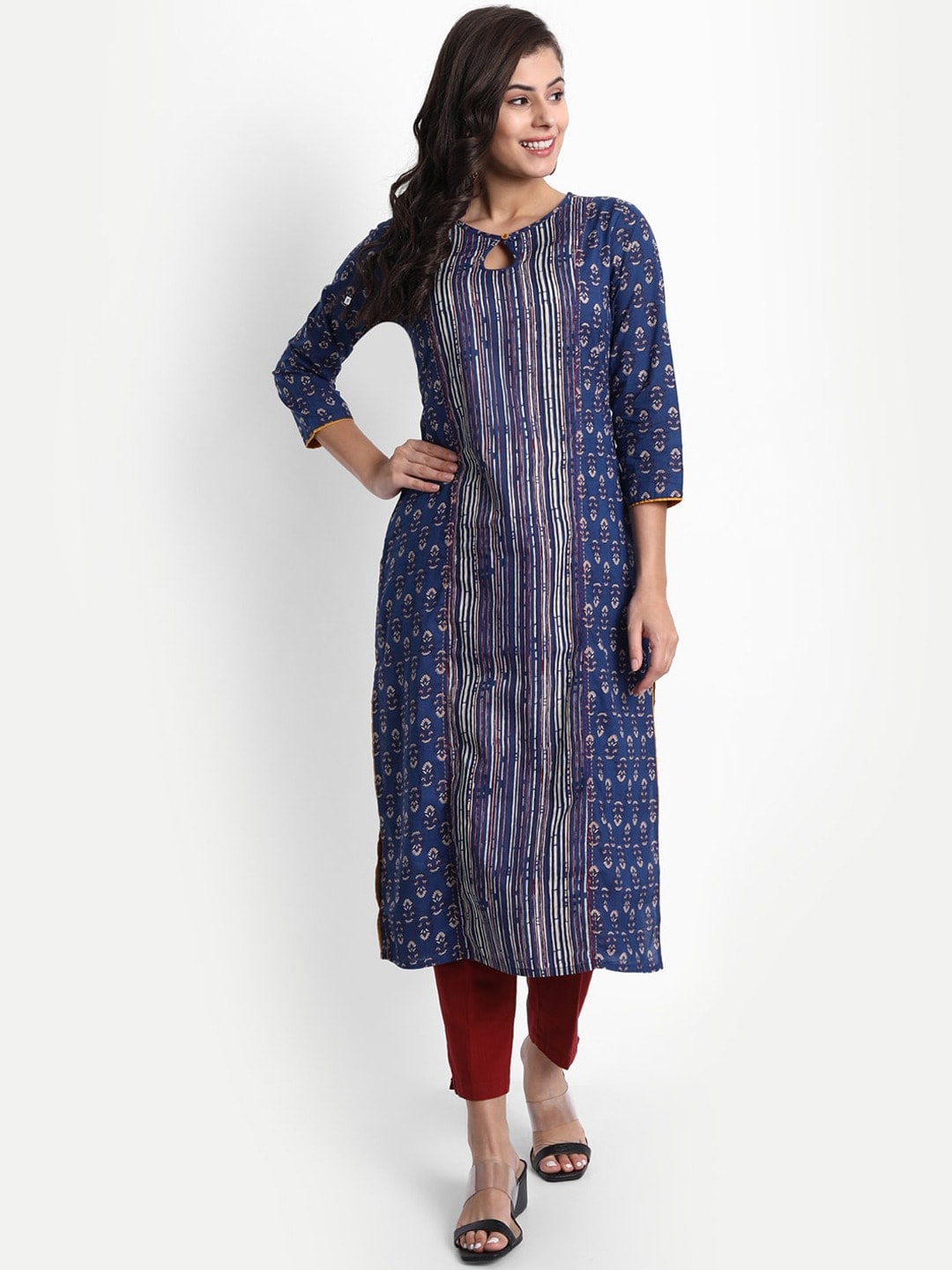 

fabGLOBAL Ethnic Motifs Printed Keyhole Neck Thread Work Cotton Kurta, Blue
