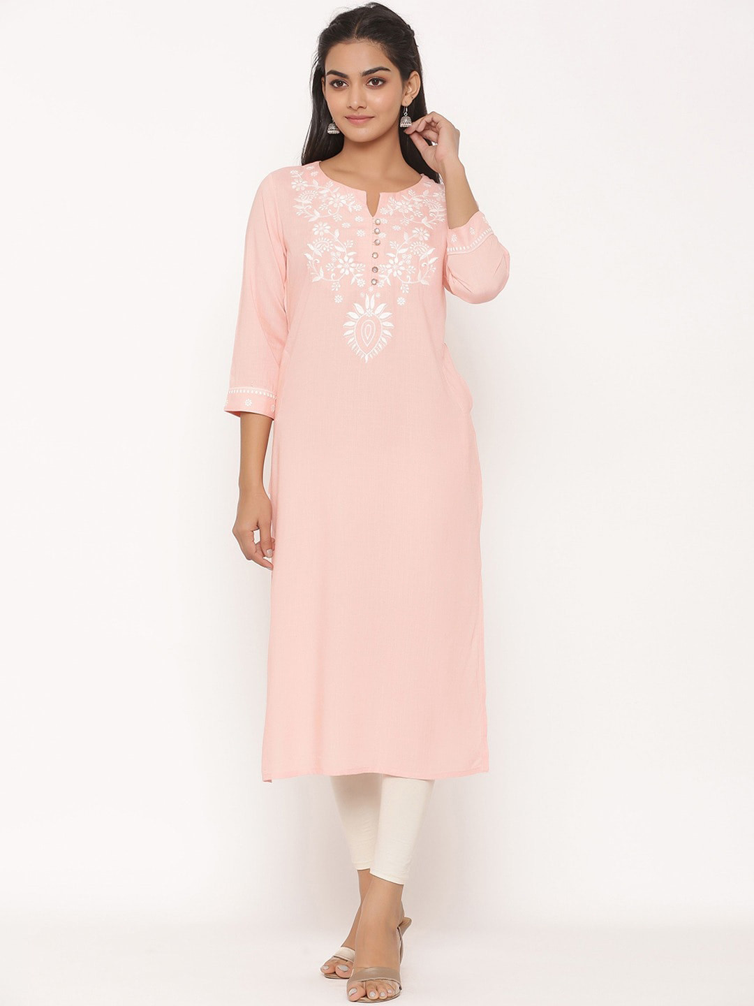 

fabGLOBAL Ethnic Motifs Embroidered Thread Work Pastels Kurta, Pink