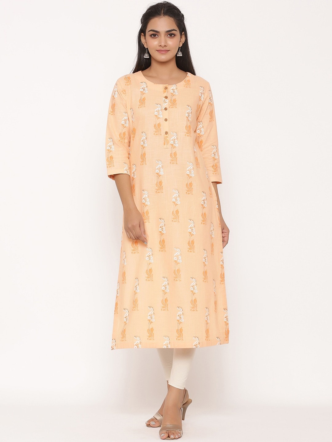 

fabGLOBAL Floral Printed Pastels Cotton Kurta, Peach
