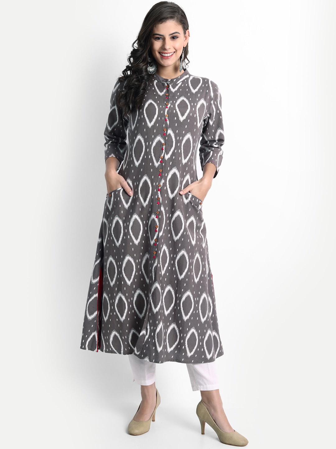 

fabGLOBAL Ikat Printed Flared A- Line Kurta, Grey