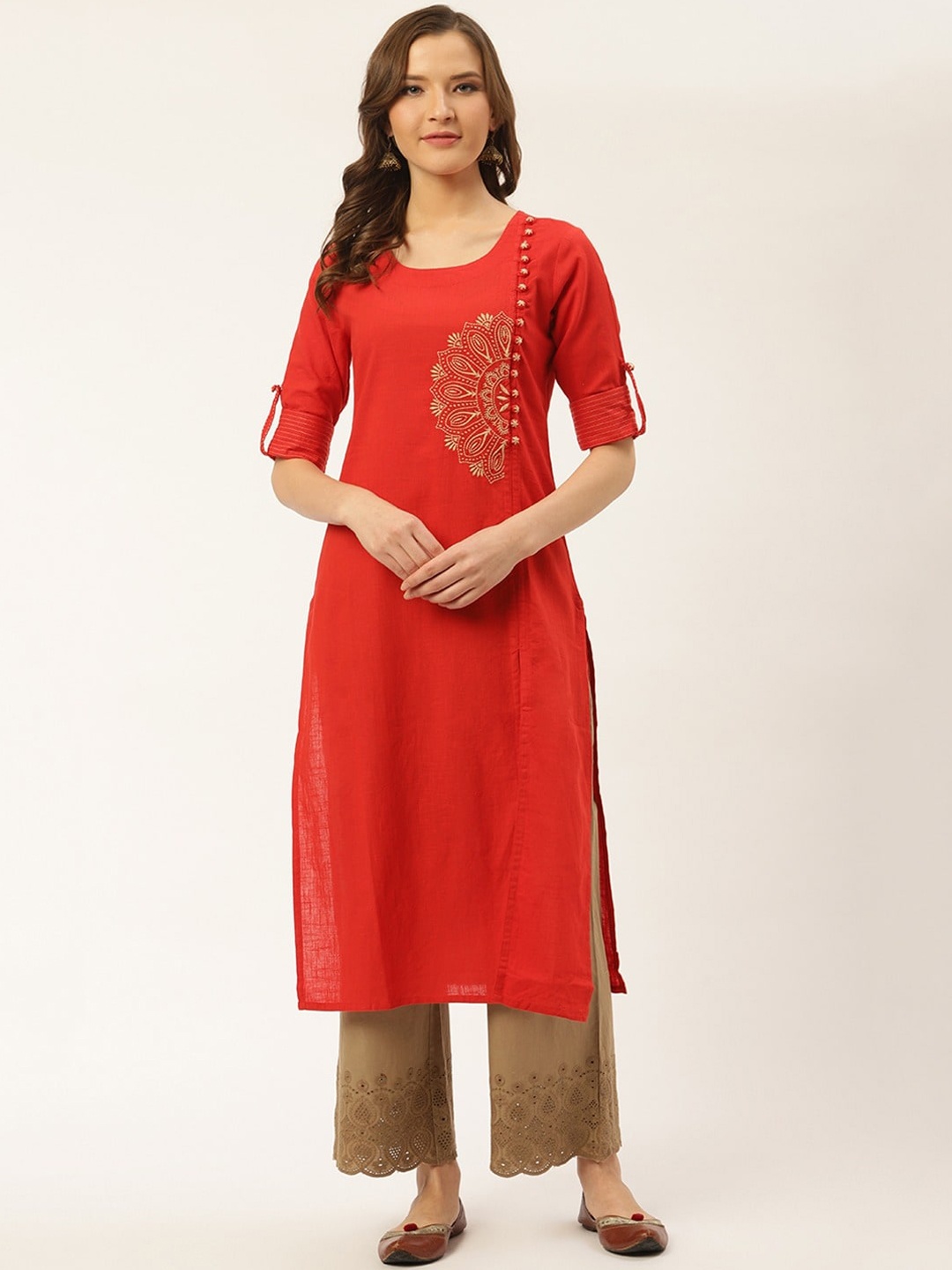 

fabGLOBAL Ethnic Motifs Embroidered Thread Work Cotton Kurta, Red