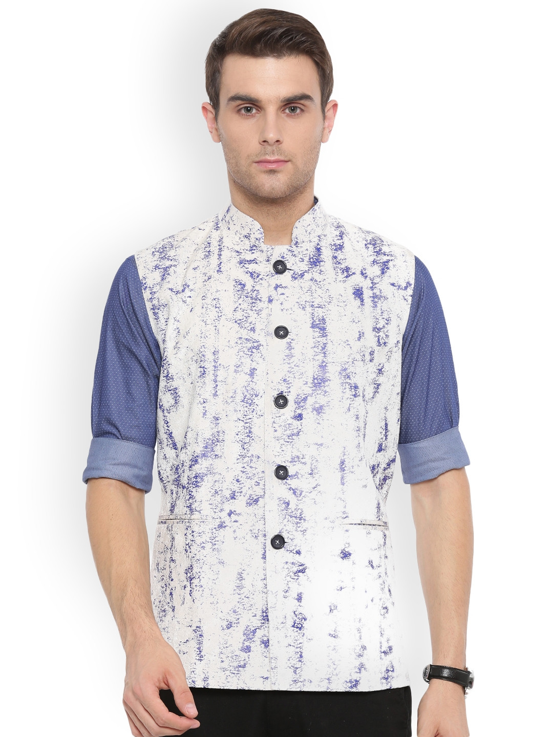 

Shaftesbury London White & Blue Printed Slim Fit Nehru Jacket