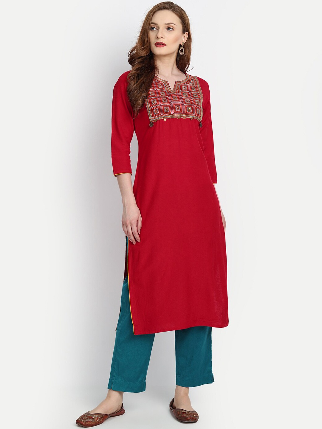 

fabGLOBAL Women Red Tribal Yoke Design Keyhole Neck Thread Work Kurta