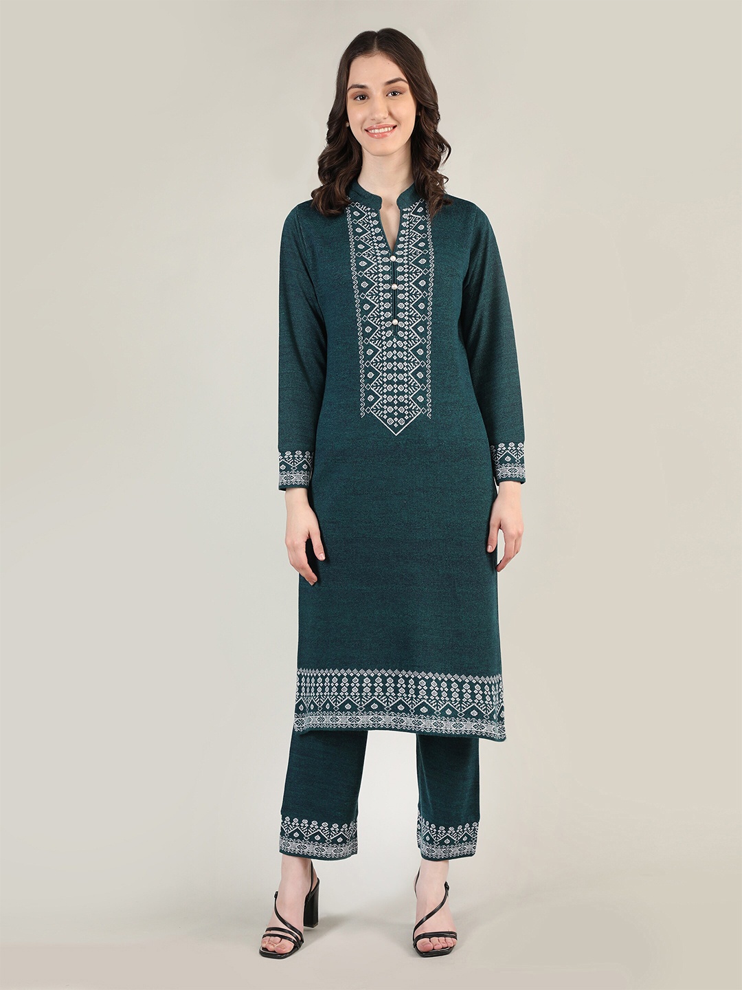 

MIKHAD Ethnic Motifs Printed Mandarin Collar Straight Regular Kurta, Teal