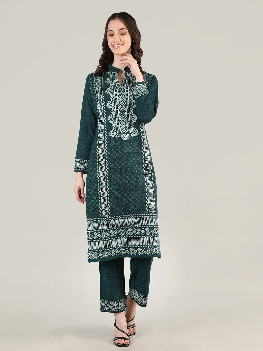 

MIKHAD Ethnic Motifs Mandarin Collar Printed Kurta, Teal