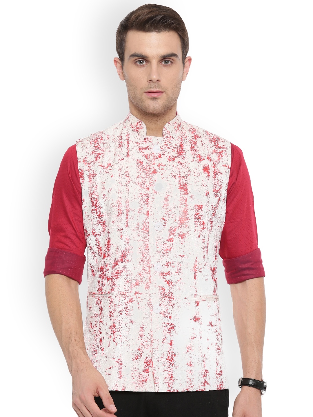 

Shaftesbury London White & Red Printed Slim Fit Nehru Jacket