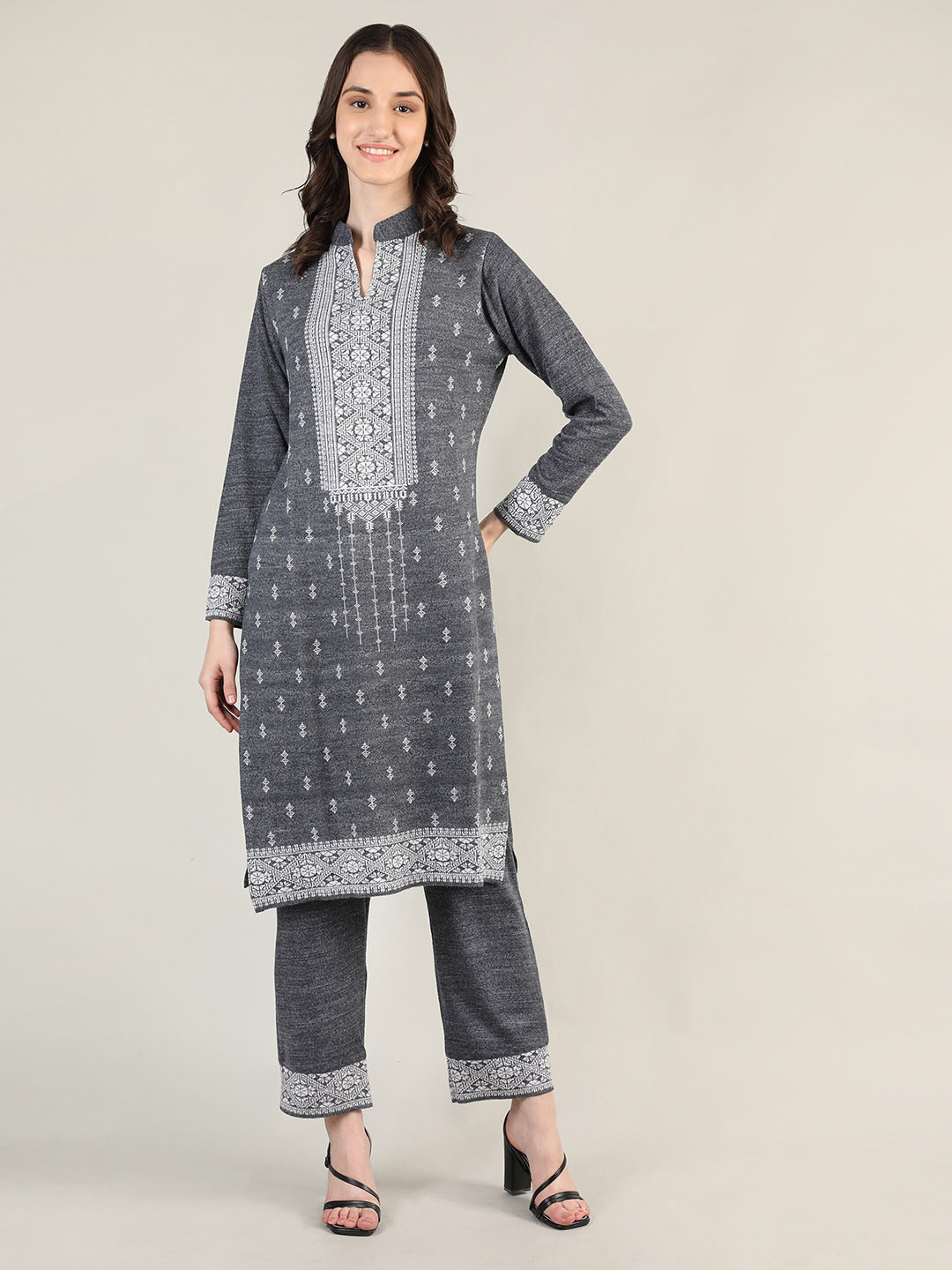 

MIKHAD Women Grey Melange Ethnic Motifs Printed Jacquard Kurta