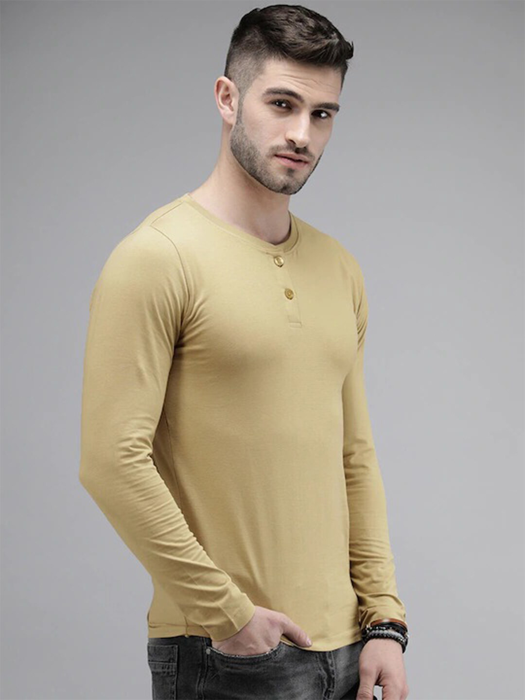 

Rodzen Men Pure Cotton Henley Neck Pure Cotton T-shirt, Cream