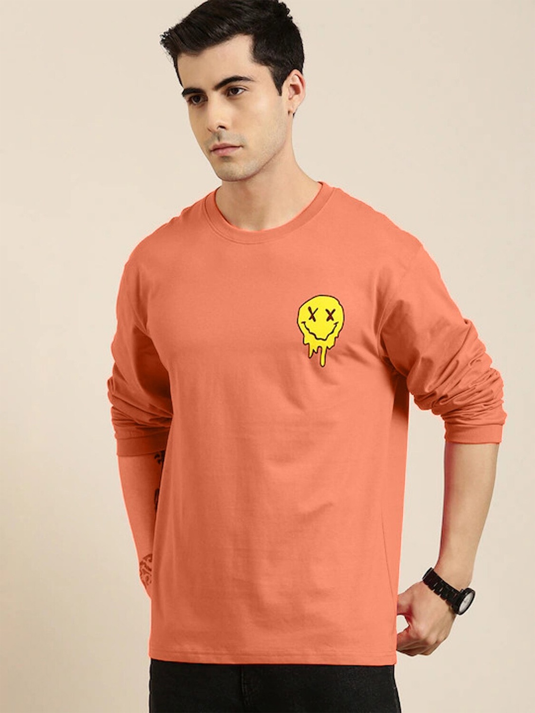 

Rodzen Men Pure Cotton T-shirt, Peach