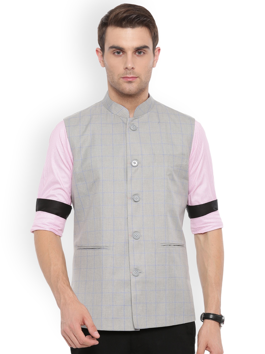 

Shaftesbury London Maroon & White Checked Slim Fit Nehru Jacket, Grey