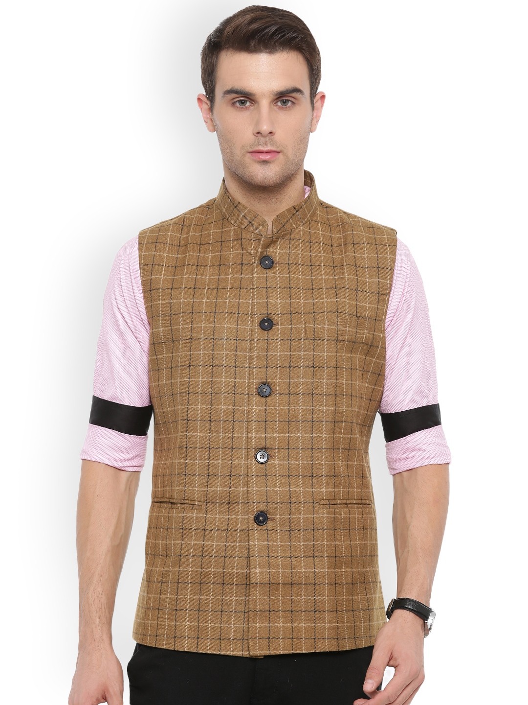 

Shaftesbury London Brown Checked Nehru Jacket