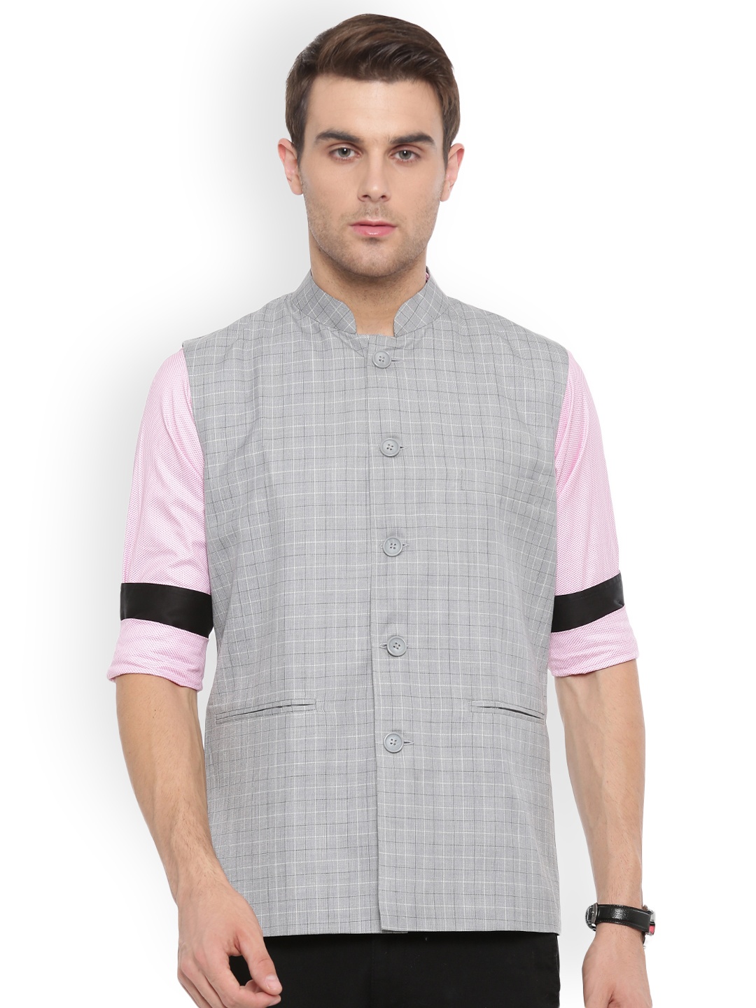 

Shaftesbury London Grey & White Checked Slim Fit Nehru Jacket