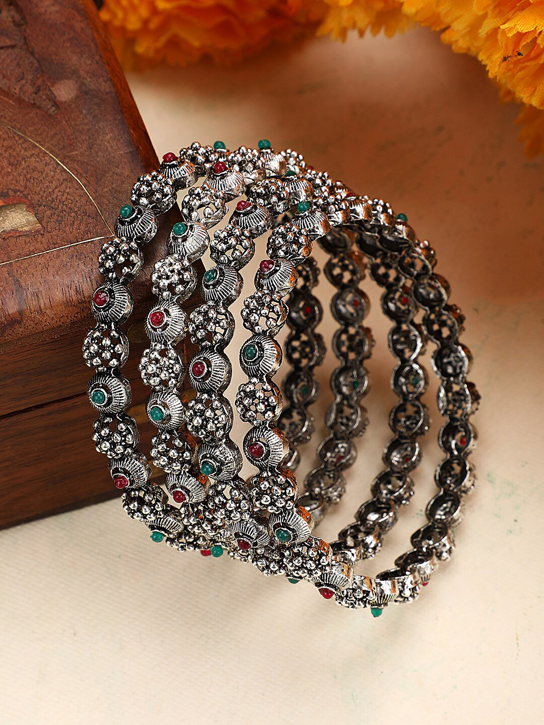 

ANIKAS CREATION Set Of 4 Oxidised Silver-Plated Stones-Studded Bangles