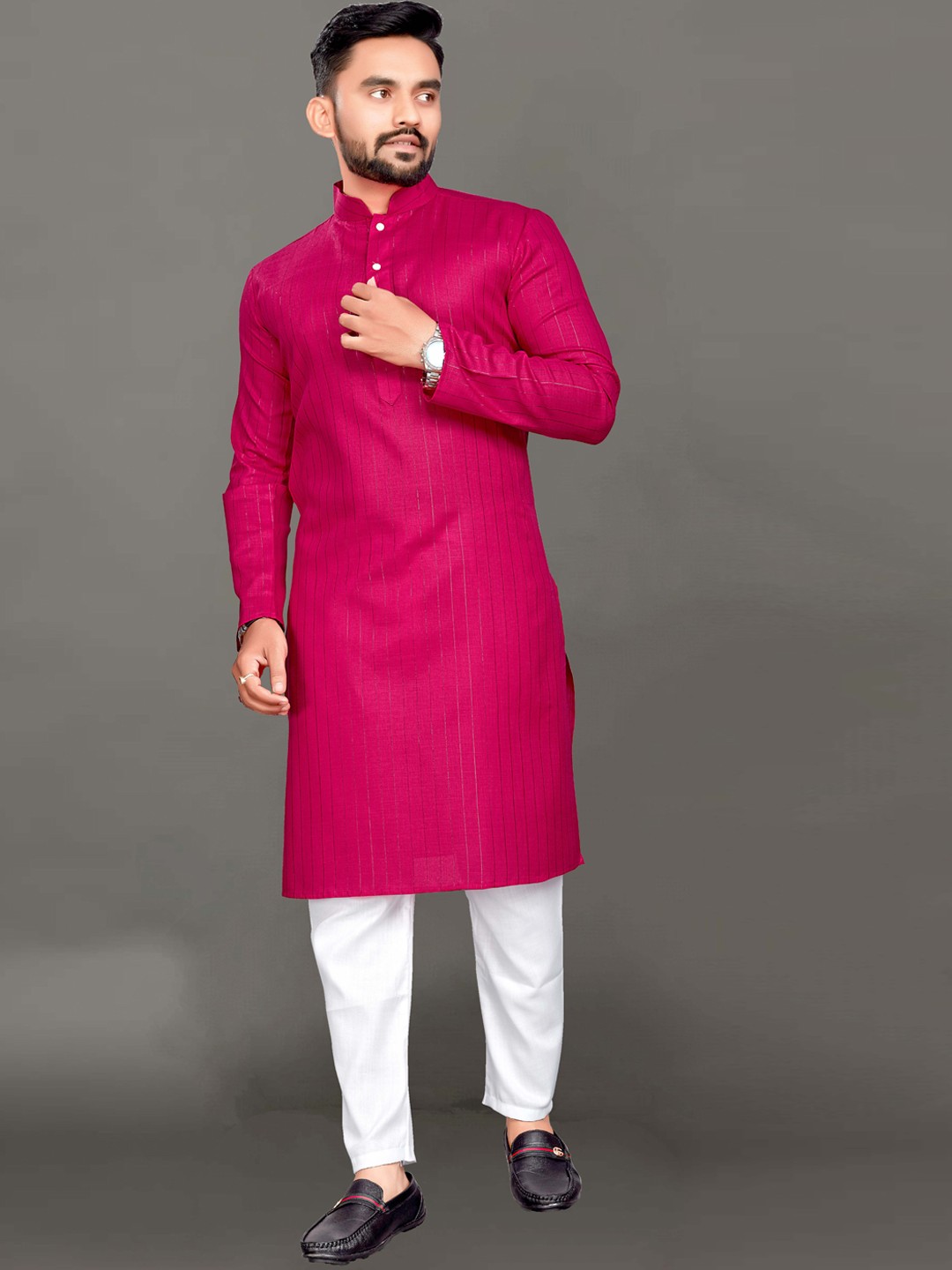 

Ekta Textiles Men Pink Striped Pure Cotton Kurta with Pyjamas