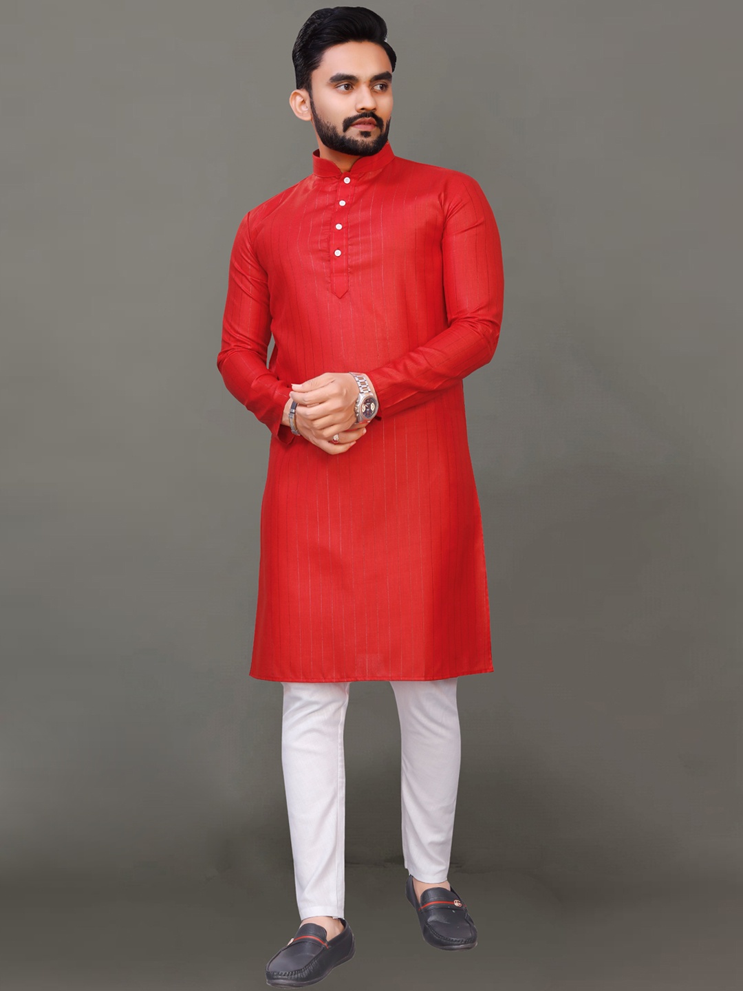 

Ekta Textiles Men Red Striped Pure Cotton Kurta with Pyjamas