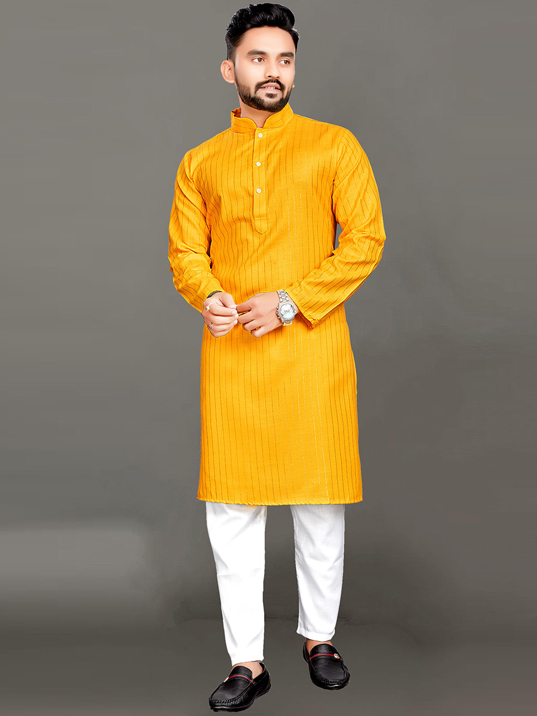 

Ekta Textiles Men Yellow Striped Pure Cotton Kurta with Pyjamas