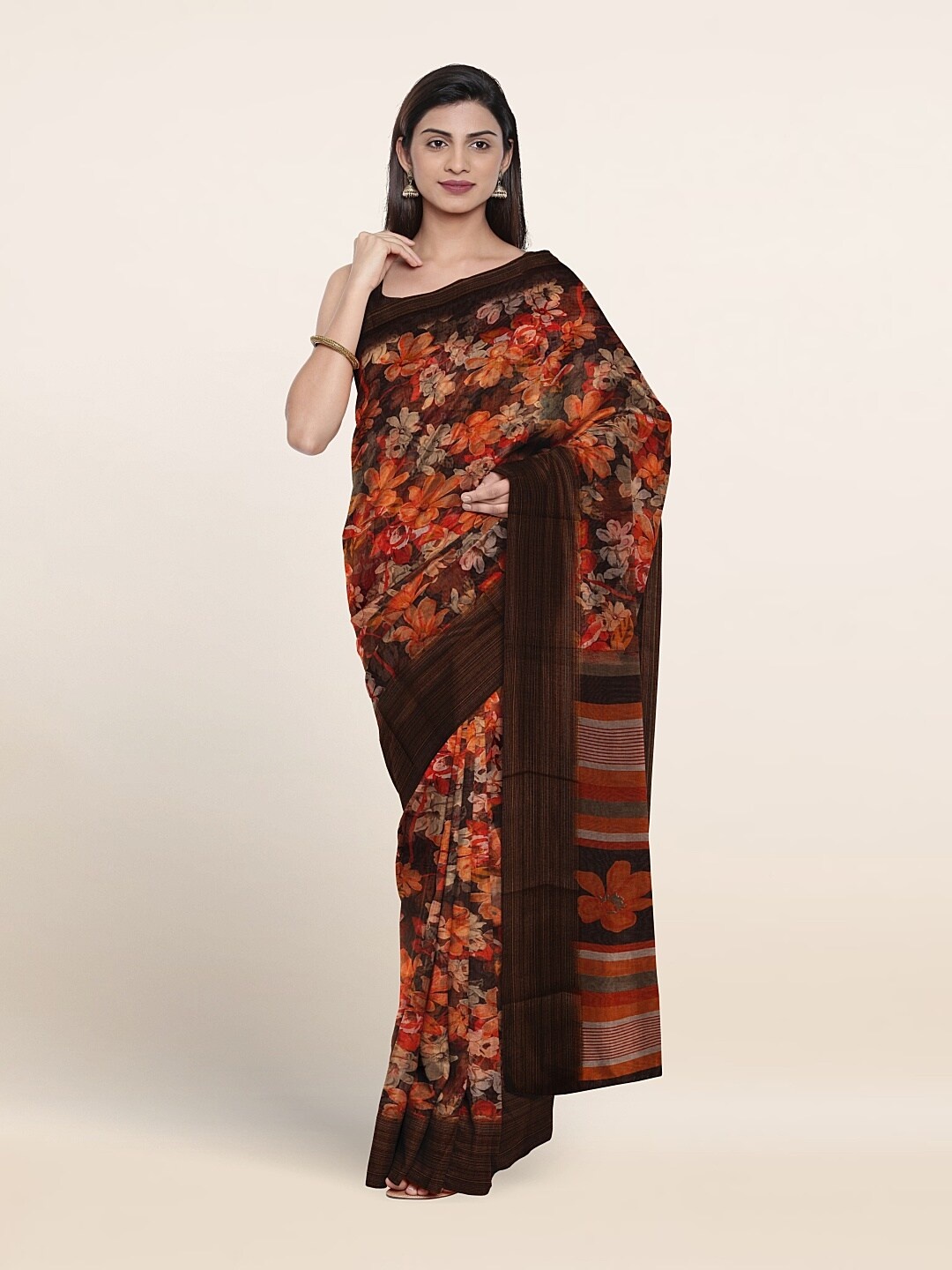 

Pothys Floral Printed Zari Saree, Brown