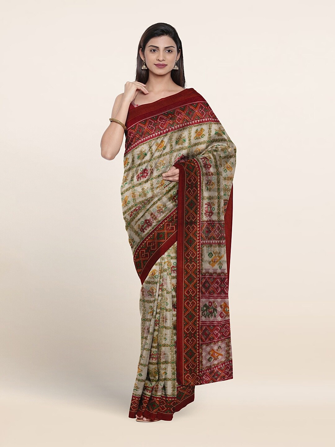 

Pothys Cream-Coloured & Green Zari Saree