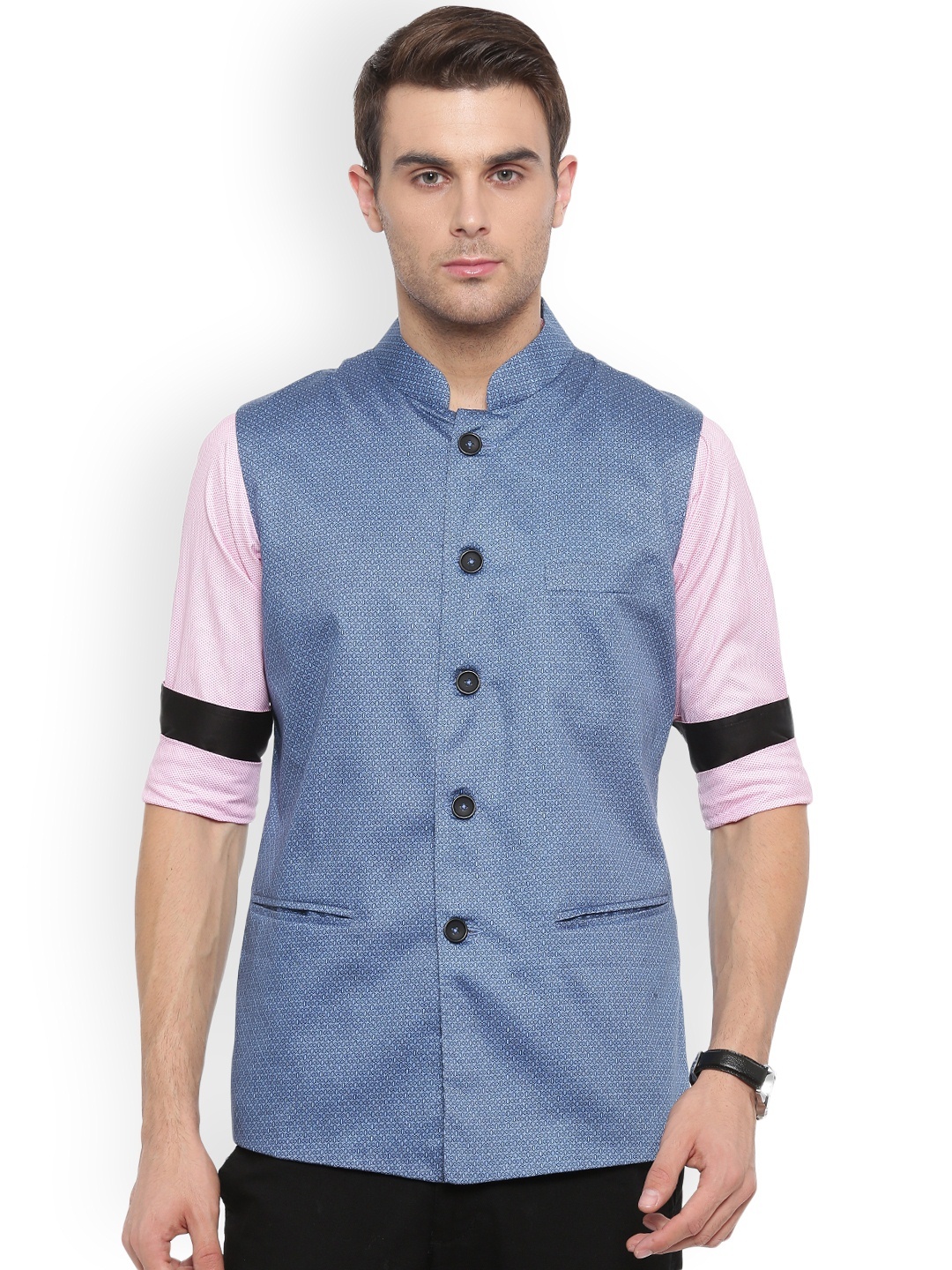 

Shaftesbury London Blue Printed Nehru Jacket