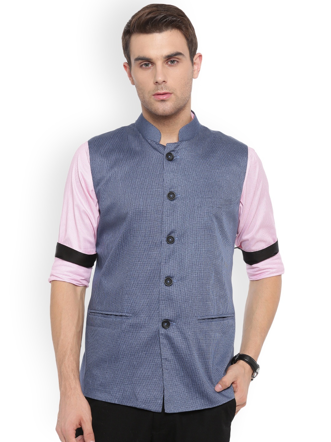 

Shaftesbury London Blue Printed Nehru Jacket