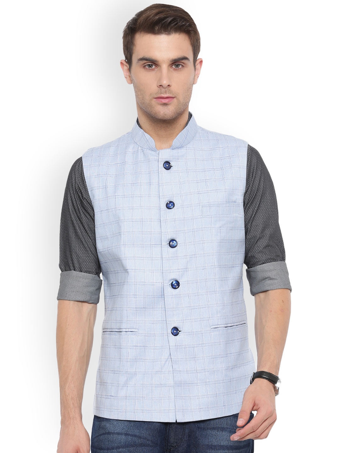 

Shaftesbury London Blue Checked Nehru Jacket