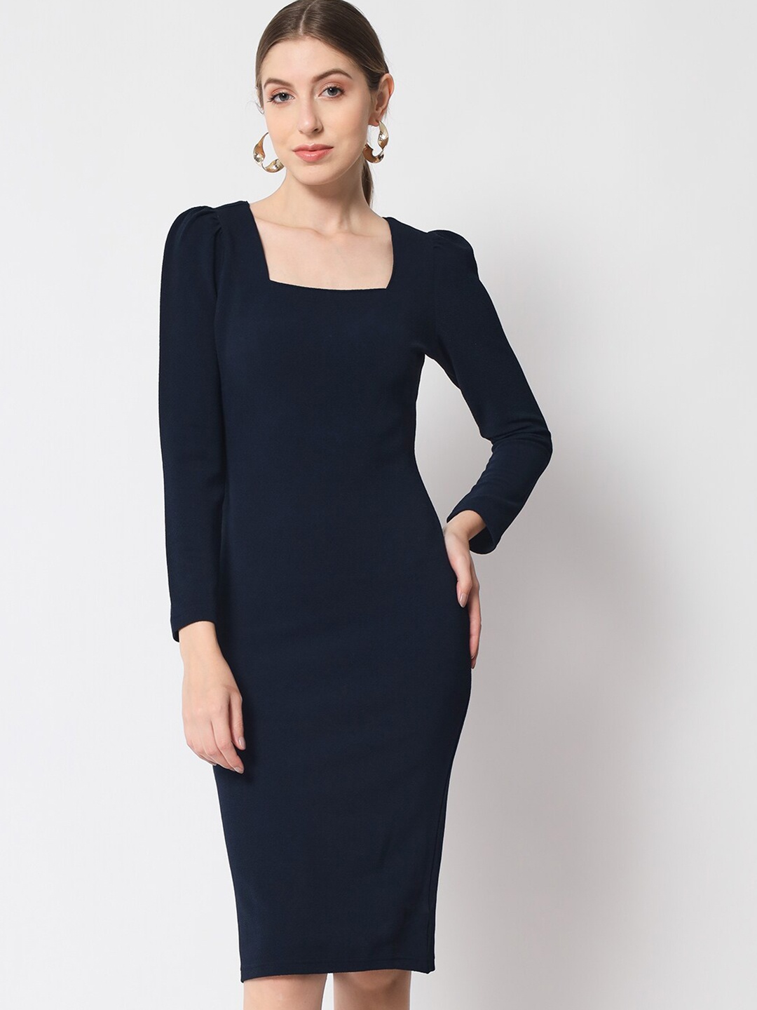 

Orchid Blues Puff Sleeve Sheath Dress, Navy blue