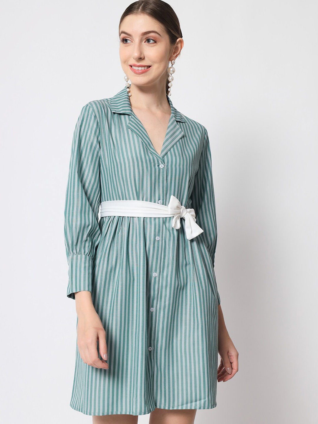 

Orchid Blues Cuffed Sleeve Striped Cotton Shirt Dress, Green