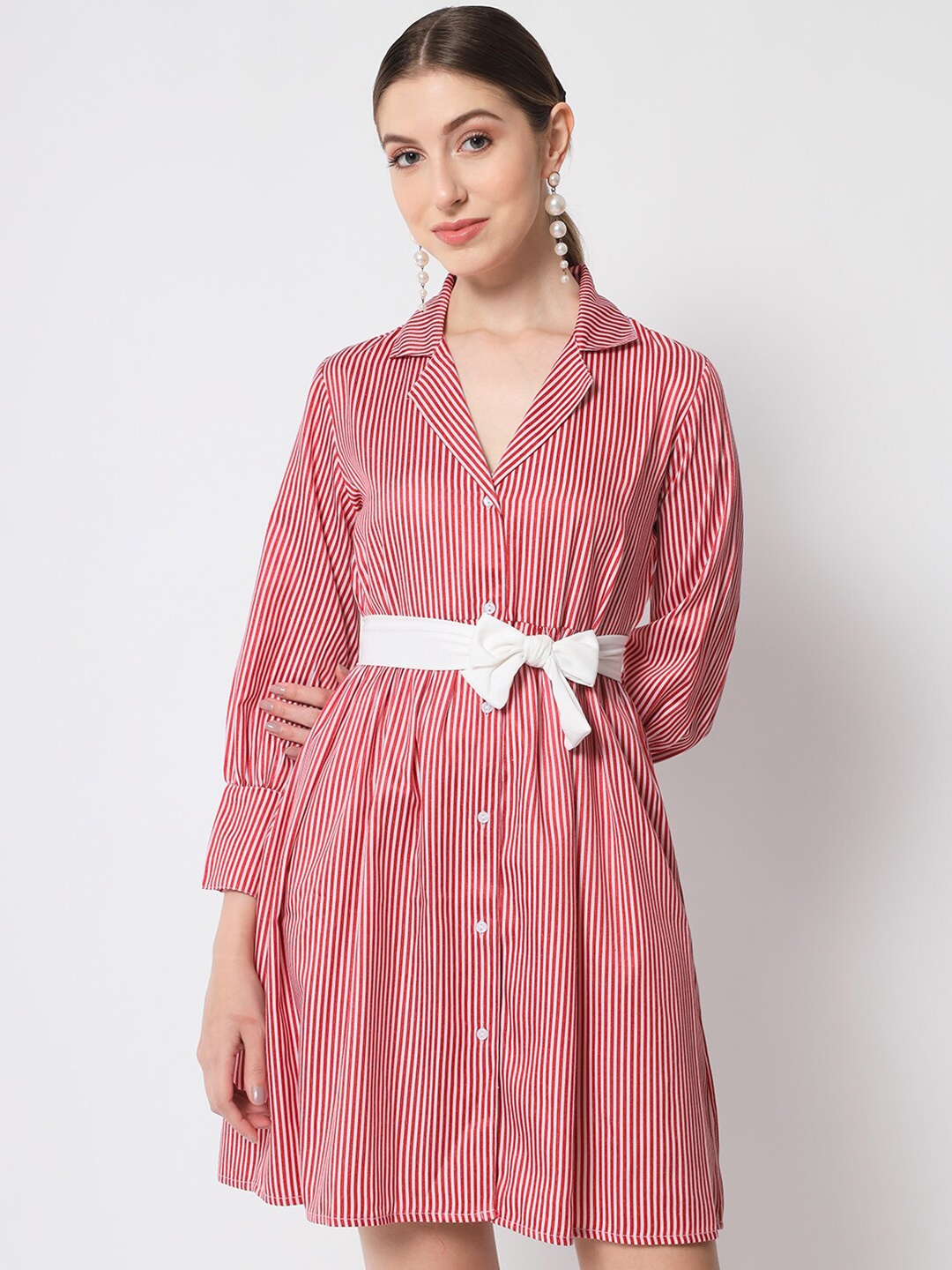 

Orchid Blues Cuffed Sleeve Striped Cotton Shirt Dress, Red