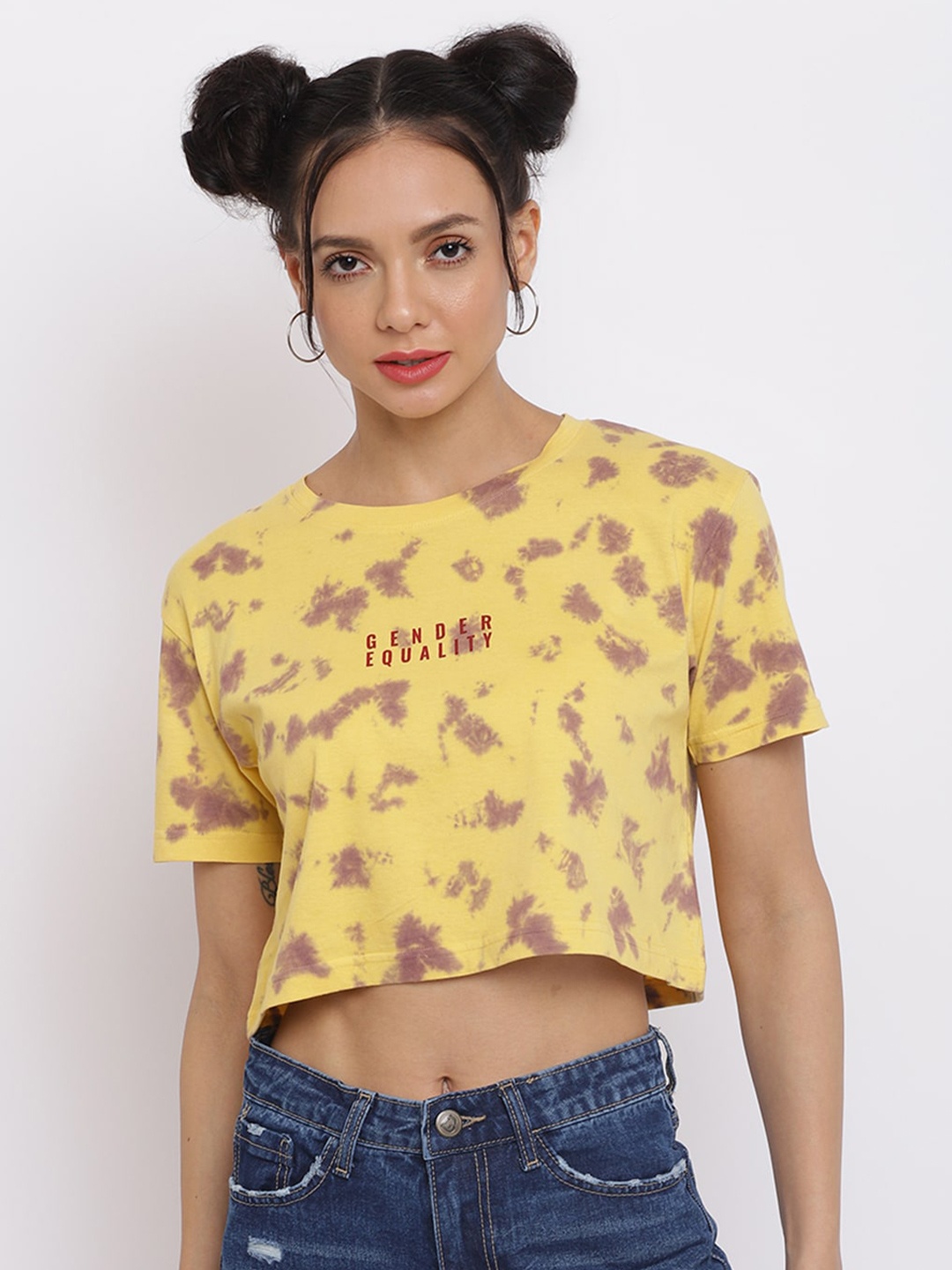 

Belliskey Women Printed Cotton T-shirt, Yellow