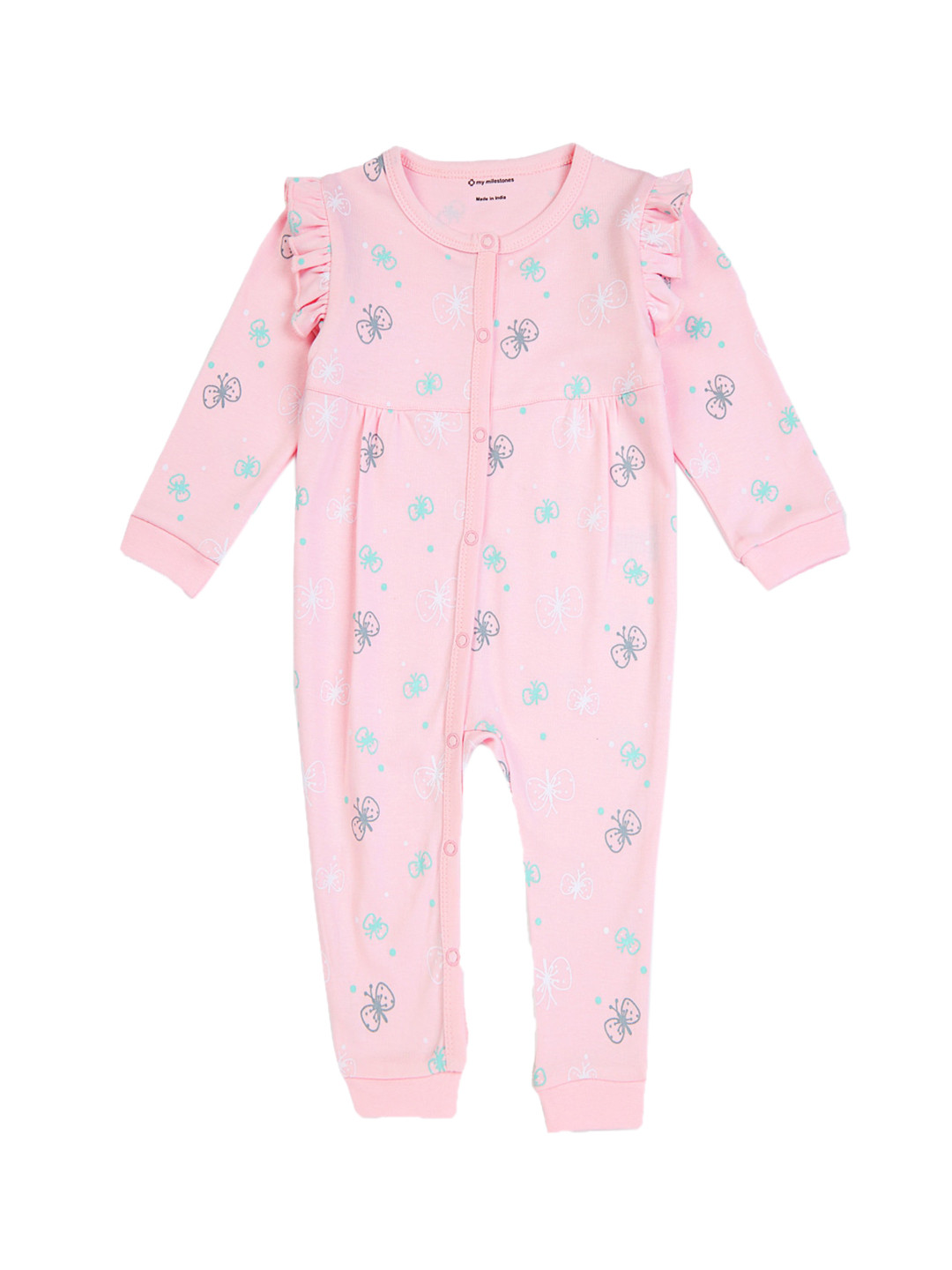 

My Milestones Infant Girls Butterfly Print Pure Cotton Rompers, Pink