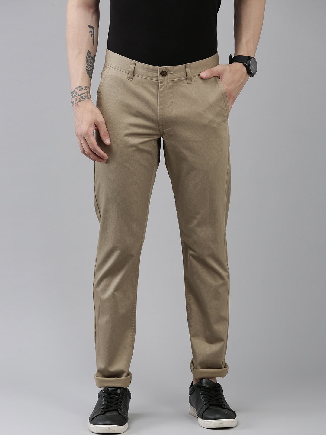 

Van Heusen Sport Men Pure Cotton Striped Slim Fit Mid-Rise Trousers, Khaki