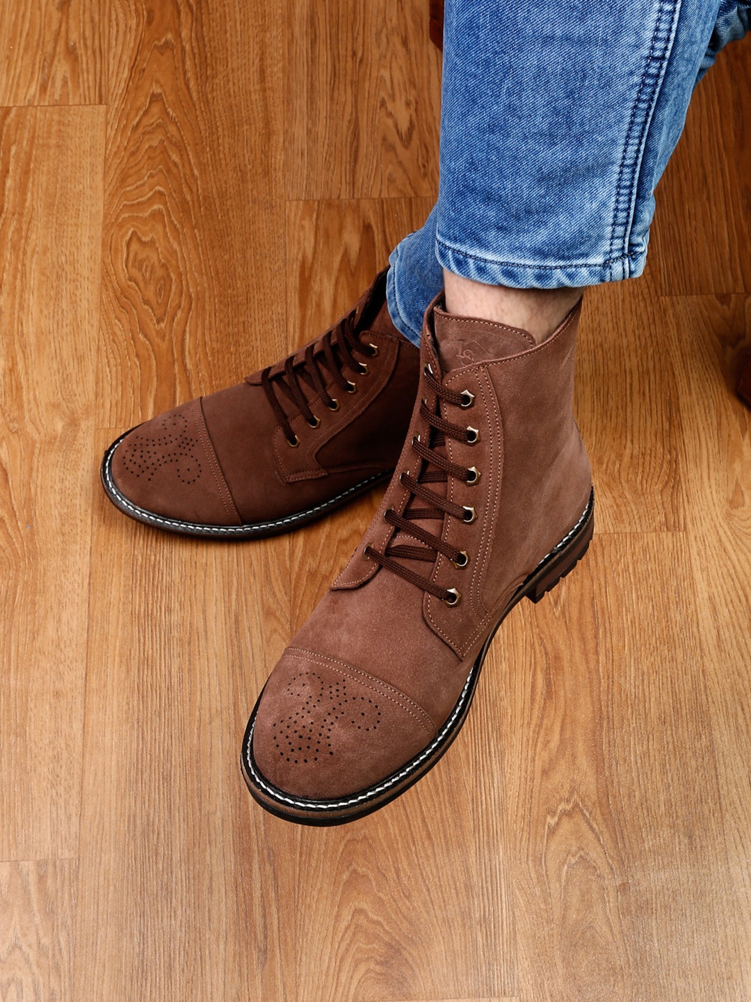 

LOUIS STITCH Men Italian Suede Leather High Ankle Long Boots, Brown
