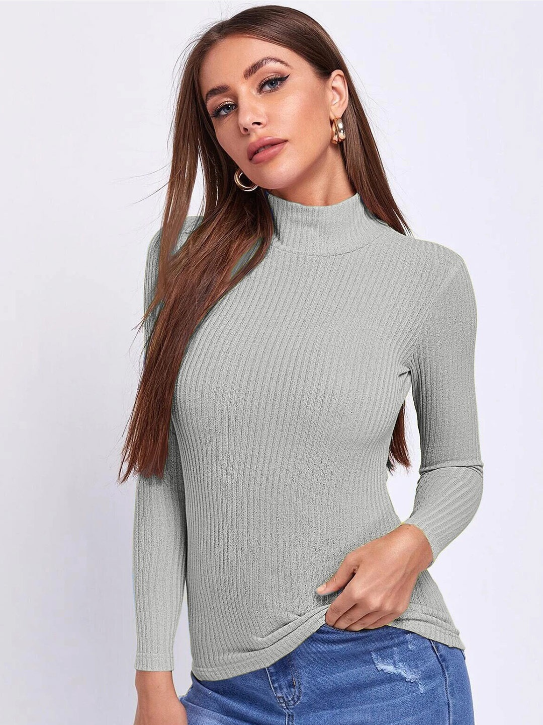 

Rodzen Women Cotton High Neck T-shirt, Grey