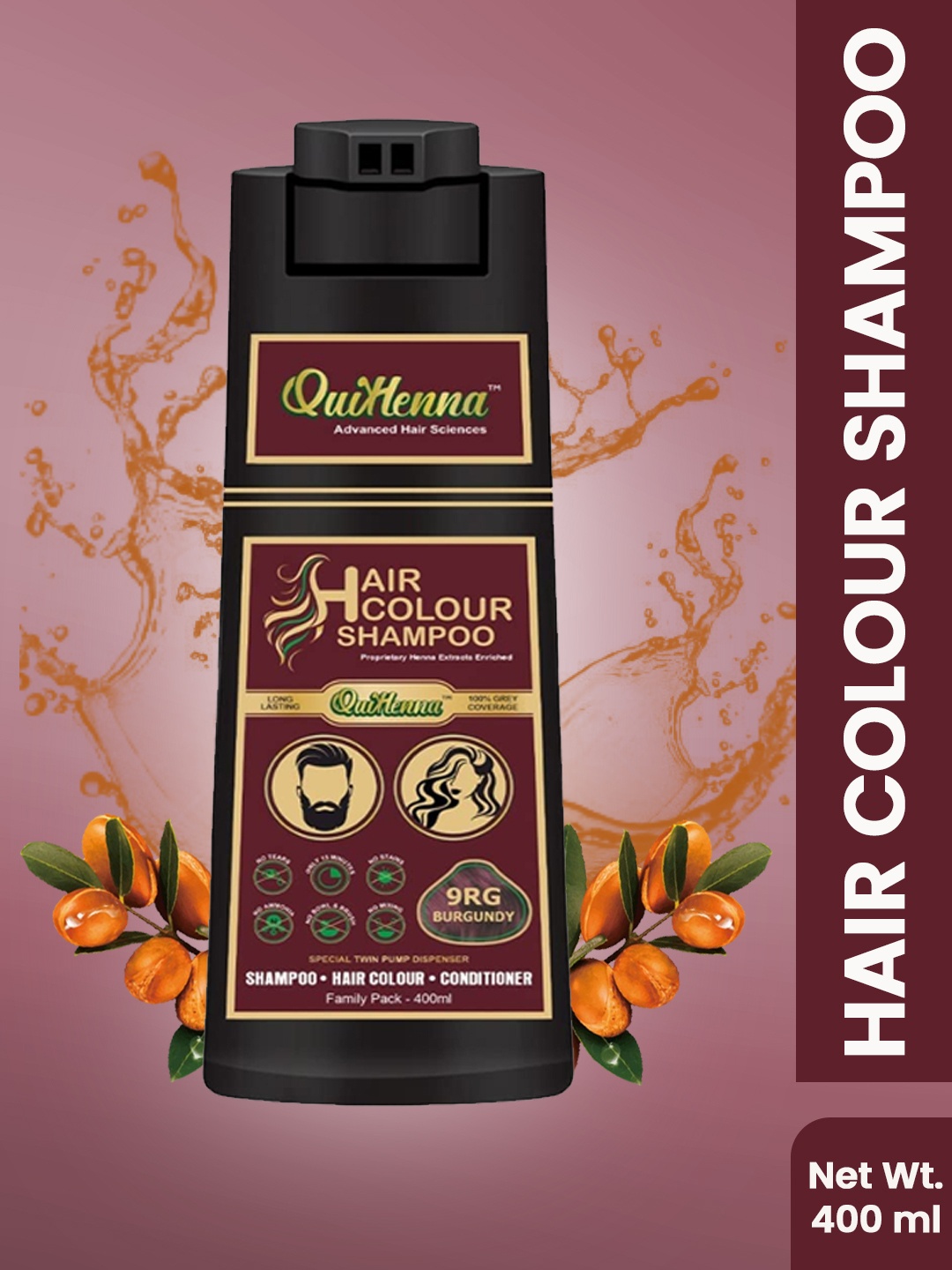 QUIKHENNA 100% Grey Coverage Hair Color Shampoo with Argan Oil 400 ml - Burgundy 9RG
