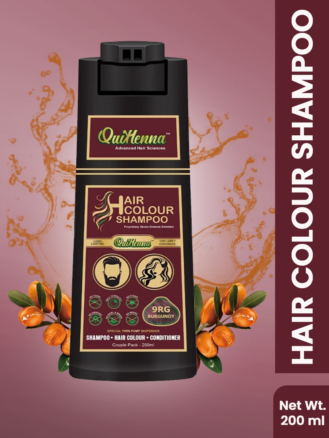 

QUIKHENNA 100% Grey Coverage Hair Color Shampoo with Argan Oil 200 ml - Burgundy 9RG