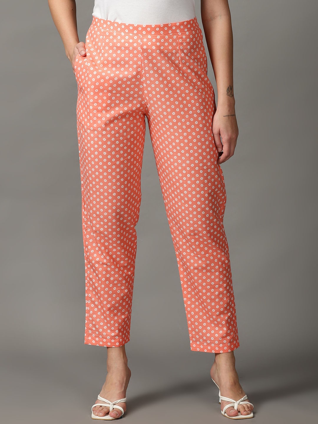 

DIVINATION Women Floral Printed Cotton Smart Trousers, Pink