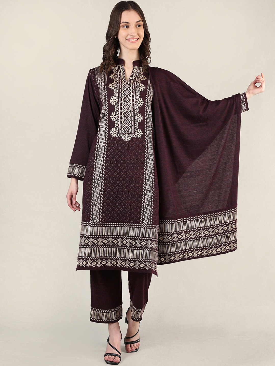 

MIKHAD Women Ethnic Motifs Printed Pure Wool Kurta with Trousers & Dupatta, Purple