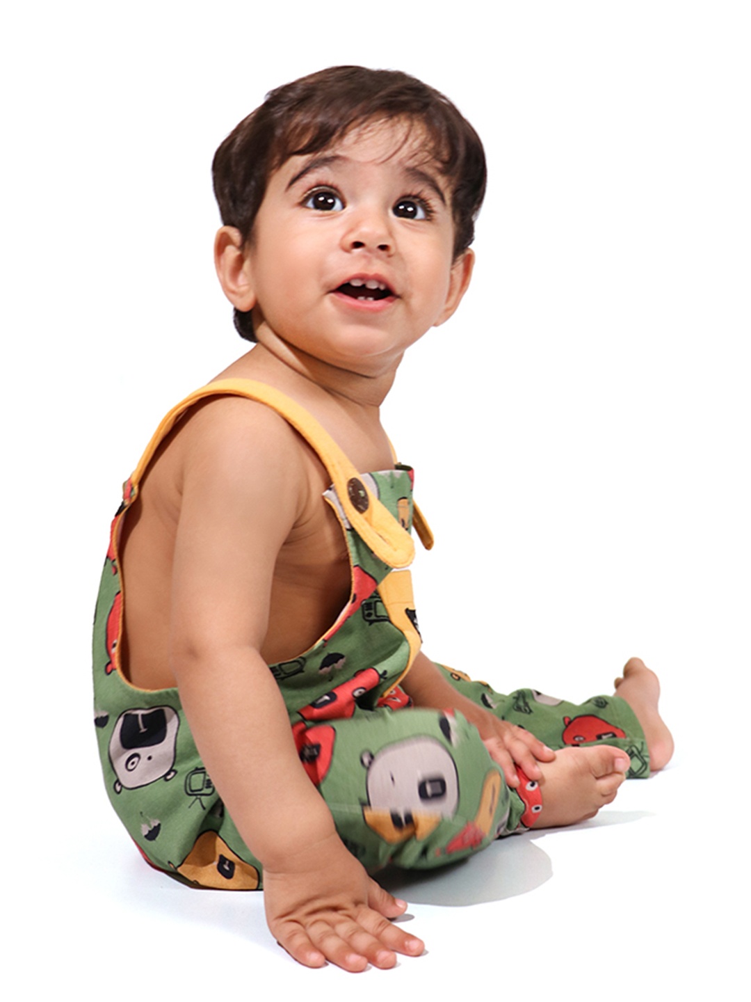 

Whistle & Hops Kids Organic Cotton Hippie Bear Printed Dungaree, Green