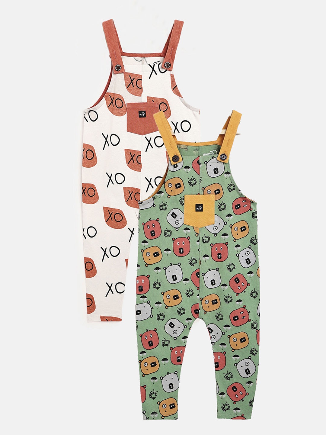 

Whistle & Hops Kids Pack Of 2 Love&Peace & Grey XO Organic Cotton Dungaree, Green