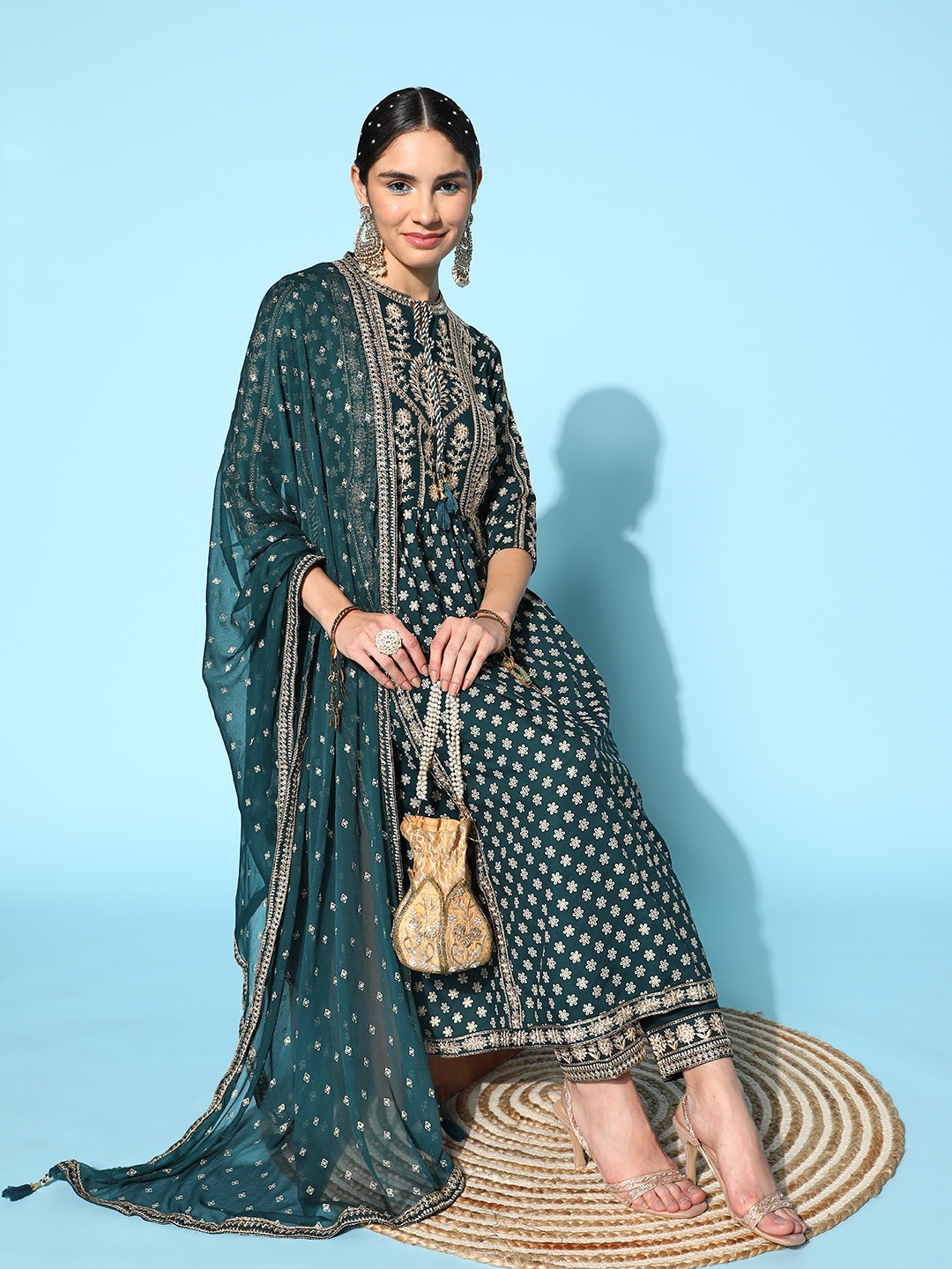 

ZOLA Women Teal Floral Embroidered Kurta with Trousers & With Dupatta