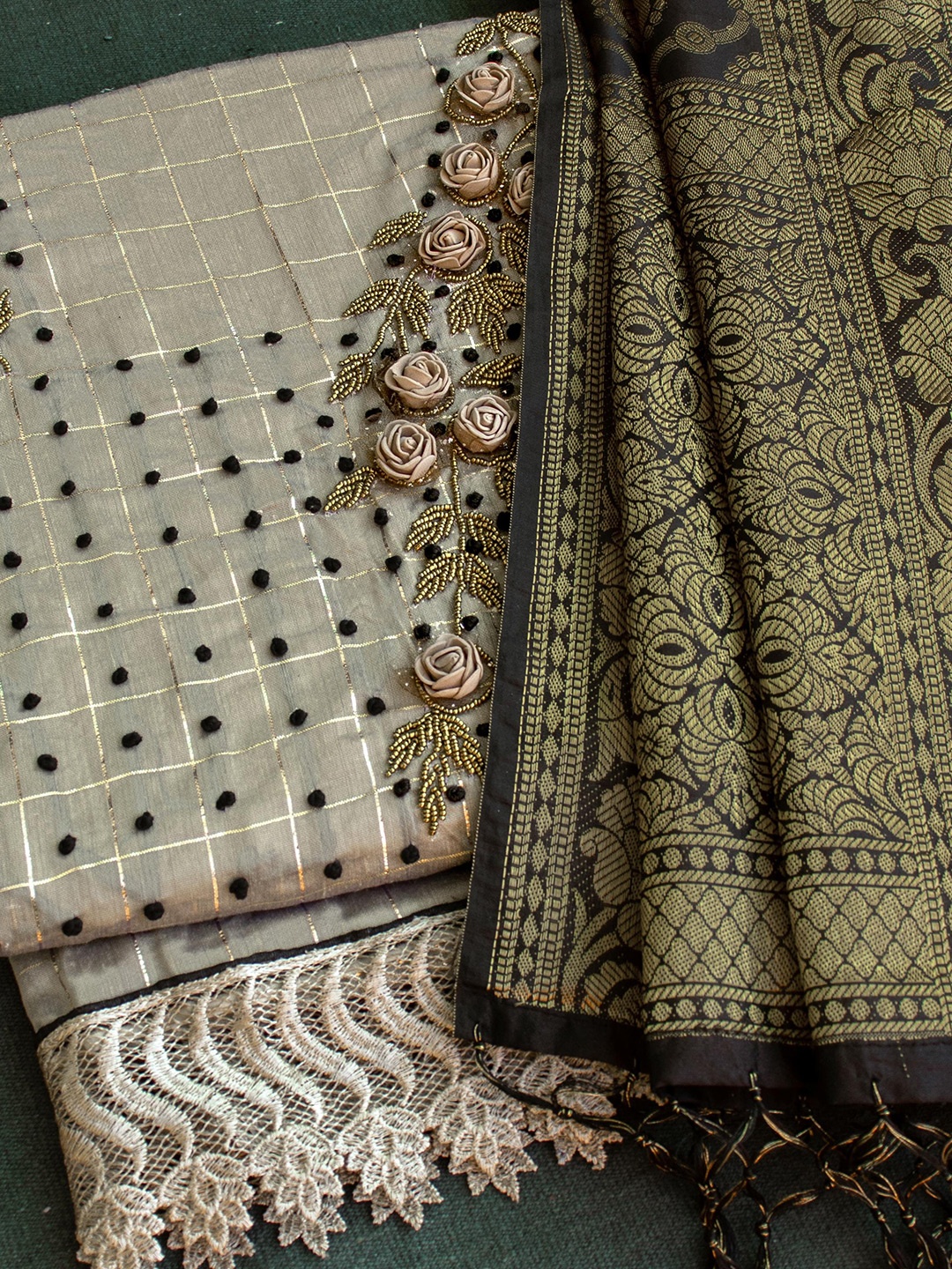 

KALINI Floral Printed Embroidered Linen Unstitched Salwar Suit Dress Material, Silver