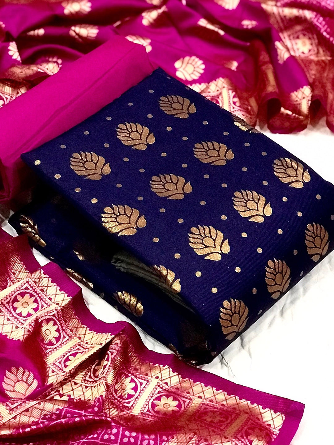 

KALINI Floral Printed Unstitched Salwar Suit Dress Material, Navy blue