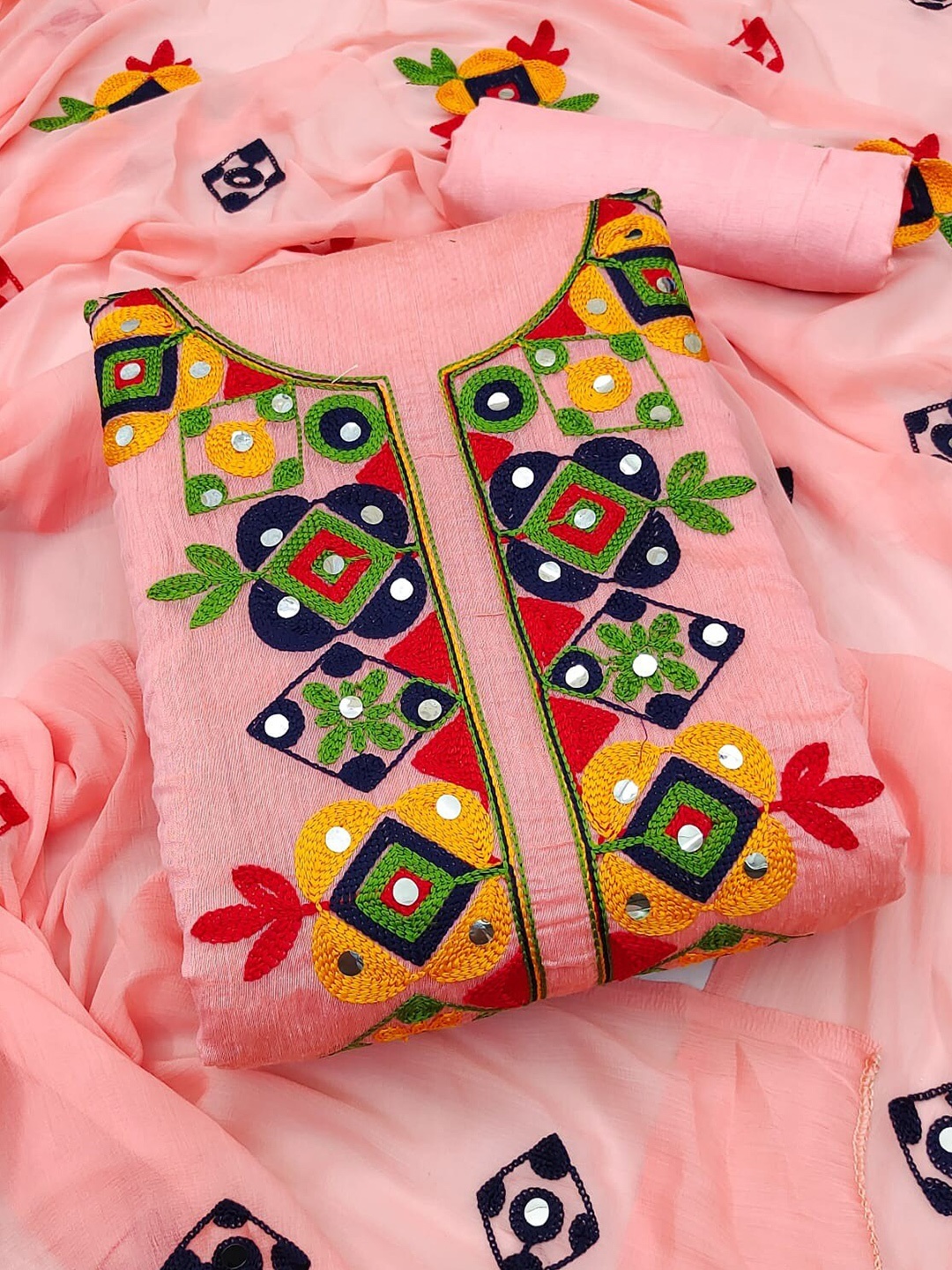 

KALINI Embroidered & Mirror Work Linen Unstitched Dress Material, Pink